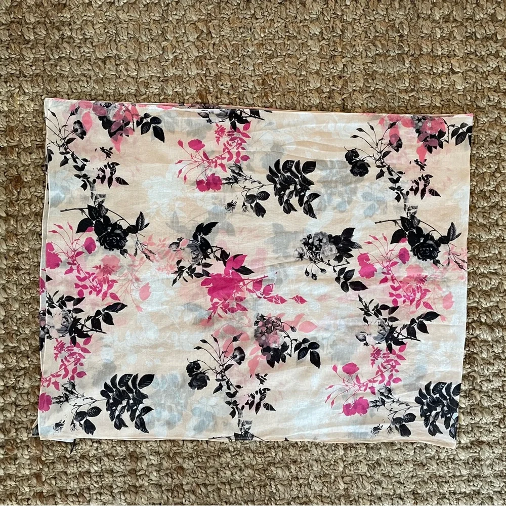 Talbots Cotton Silk Floral Scarf Pink Rose Print 26x66 Lightweight Wrap